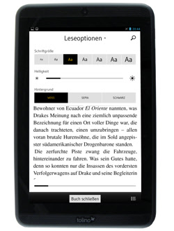 Tolino Tab 7: geöffnetes eBook mit Leseoptionen